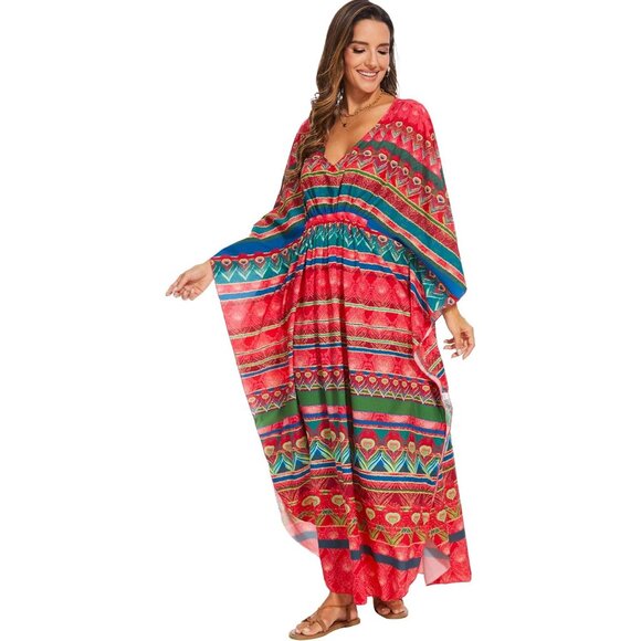 Women's Red Print 100% Polyester V Neck Summer Beach Dresses Cover Caftan Maxi - Picture 3 of 5